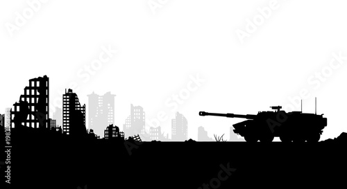 Silhouette of Tank in Destroyed Cityscape, Post-Apocalyptic War Scene