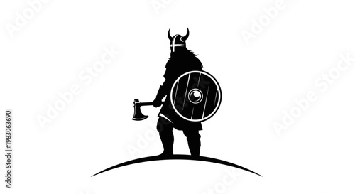 Silhouette Viking Warrior with Axe and Shield on Hilltop