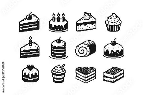 Collection of pixel art desserts including cakes, cupcakes, and pastries