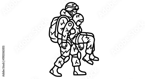Soldier carrying injured comrade on back, military rescue, teamwork, support, evacuation