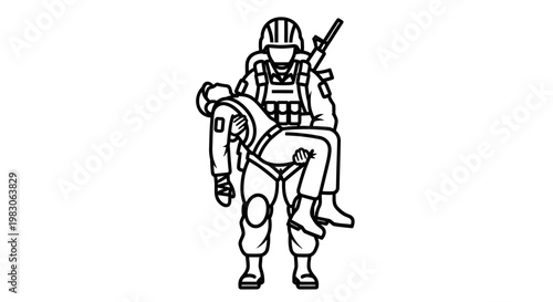 Soldier carrying wounded comrade, military rescue, combat medic, battlefield aid, teamwork, support