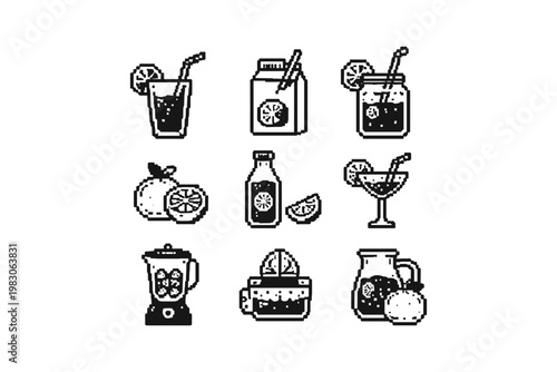 Pixel art collection of citrus drinks and preparation tools