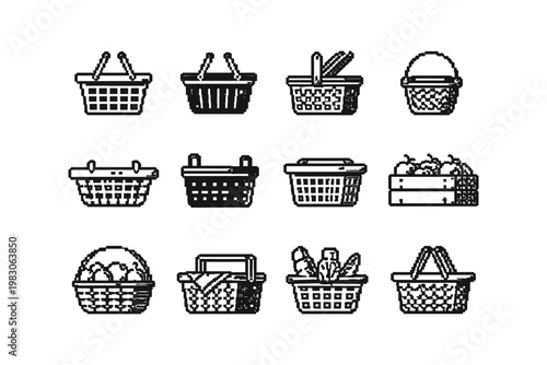 Collection of pixel art baskets and crates for groceries and picnics
