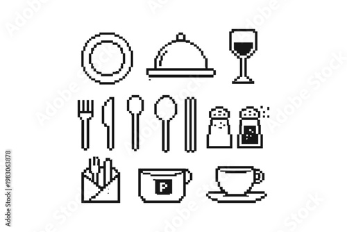 Pixel art icons for dining and restaurant services, a collection of simple graphics