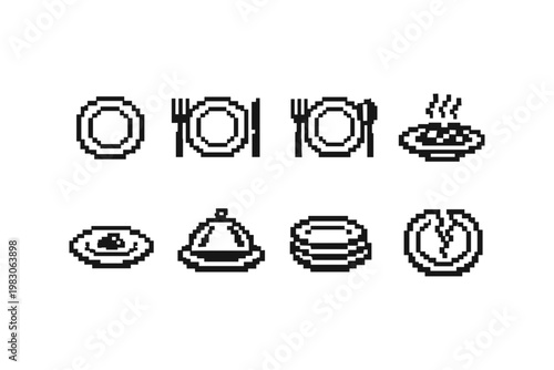 Collection of pixel art icons representing various dining and food-related elements