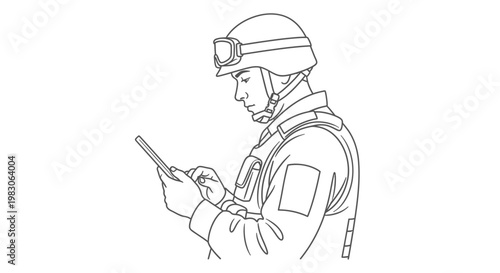 Soldier in tactical gear using a tablet computer, military technology, communication, planning