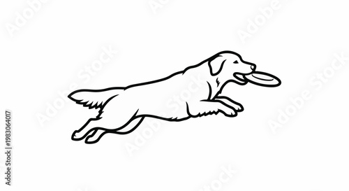 Line art of a dog leaping mid-air catching a frisbee