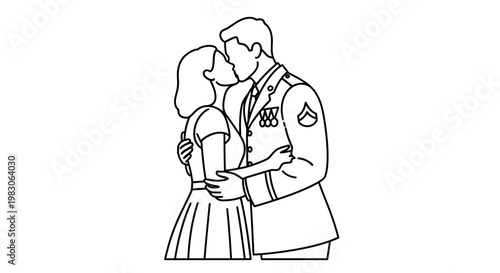Soldier kissing woman goodbye, military couple reunion, love, farewell, homecoming, romance