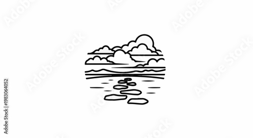 Minimalist circular design of clouds, ocean, and stepping stones