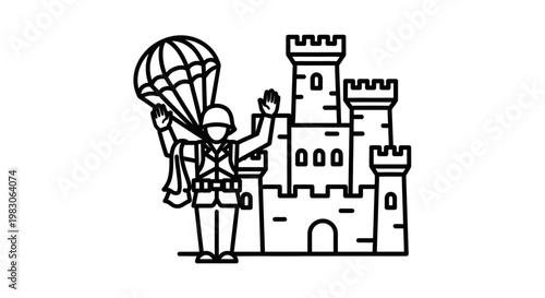Soldier Parachuting Near Castle Fortress Icon