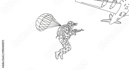Soldier Parachuting from Airplane with Rifle, Military Airborne Operation