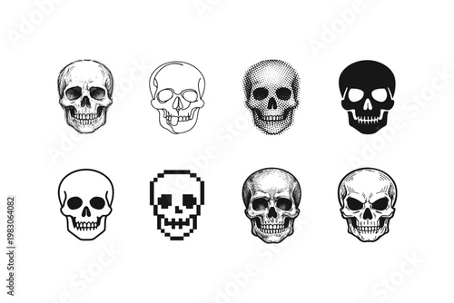 Variety of skull designs in different artistic styles for creative projects