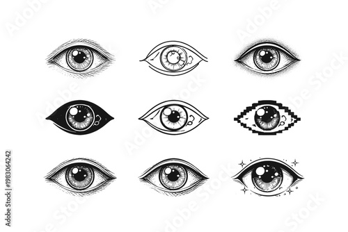 Collection of nine diverse hand-drawn eye illustrations in black and white