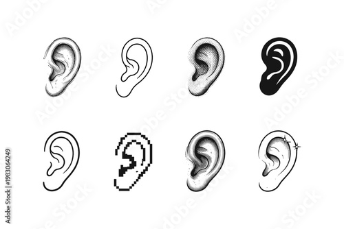 Collection of diverse ear illustrations in various artistic styles and techniques