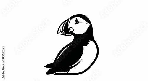 Black and white cartoon illustration of a puffin bird