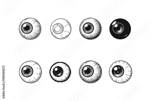 Collection of diverse eyeball illustrations in a vintage sketch style