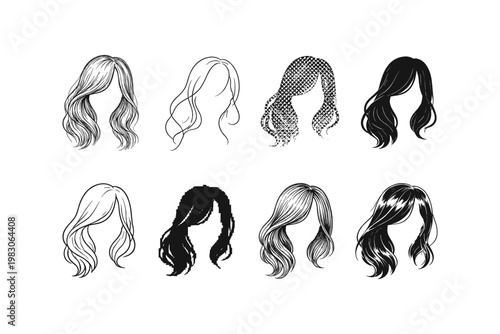 Collection of diverse hairstyles and hair textures in artistic line drawings and solid fills