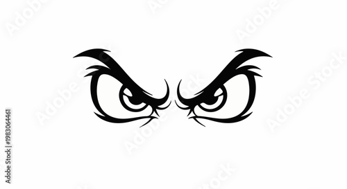 Fierce, stylized black eyes gaze intensely with sharp, angular brows