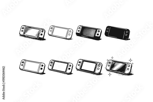Collection of stylized handheld gaming consoles in various artistic renderings