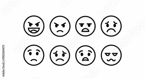Collection of various distressed and angry emoticon faces in outline form