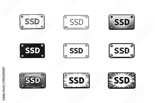 Collection of diverse SSD drive icons in various artistic styles and textures