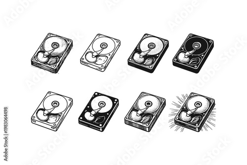 Collection of vintage hard drive illustrations in a sketch art style