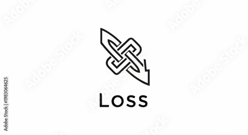 Abstract graphic symbol with interwoven lines and downward arrow, text below