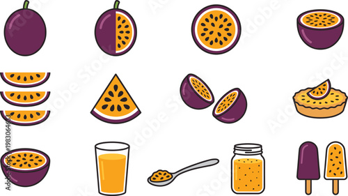 Passion Fruit Vector Icon Set with Whole Fruits, Slices, Seeds, Juice, Jam and Popsicle in Flat Cartoon Style for Tropical Food Design
