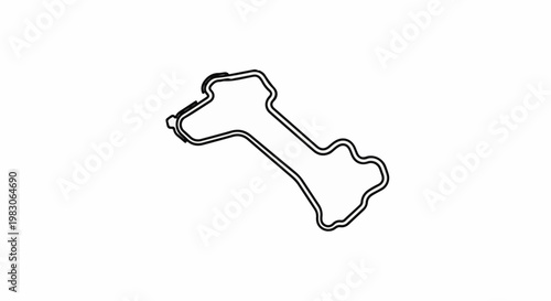 Outline of a winding racing circuit, angled diagonally across a white background