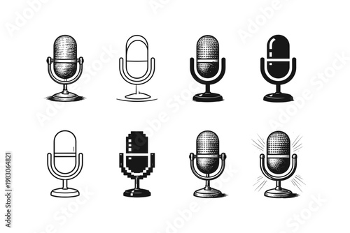 Collection of retro and modern microphones in various artistic styles
