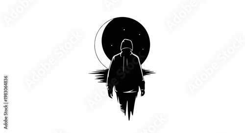 Solitary figure walks under a crescent moon with starry night sky
