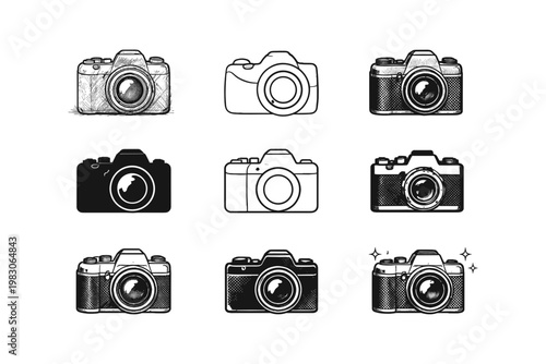 Collection of nine diverse camera illustrations in various artistic styles