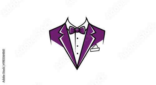 A stylized illustration of a purple tuxedo with a white shirt and bow tie