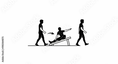 Silhouettes of men walking, one using a slant board for exercise
