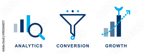 Analytics and conversion growth icons for business data performance monitoring.