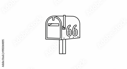 A simple line drawing of a mailbox with the number 66 on its side