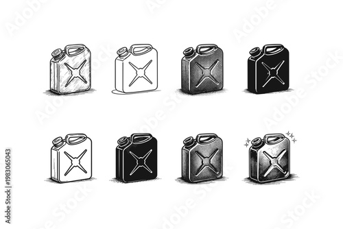 Collection of vintage jerrycans in various artistic styles and colors