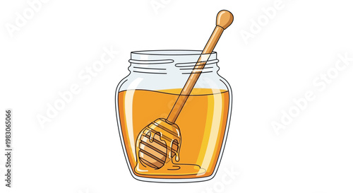 Illustration of a glass jar full of natural organic honey with a wooden dipper inside.