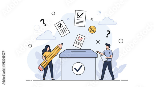 Citizens exercising their right to vote by placing ballots into a box for democracy elections and community decision making processes.
