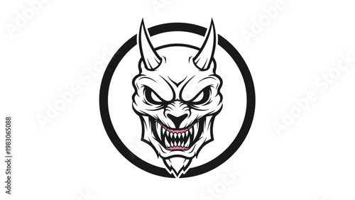 Menacing black and white demon mask illustration with horns and sharp teeth in a circular frame for gaming or alternative branding.