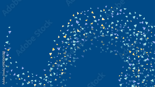 深いブルー背景にカラフルな三角パーティクルがアーチ状に広がる幻想的で近未来的な抽象デザイン背景素材