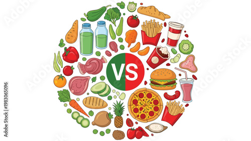 Nutritional comparison between healthy vegetables and fruits against junk fast food arranged in a circle for diet and health education.