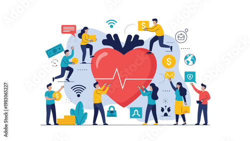 Group of diverse people working together around a giant heart symbol with a pulse line and various icons representing health and finance concepts.