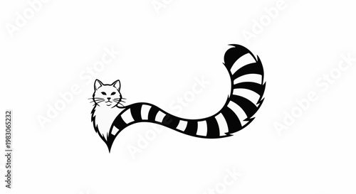 Stylized black and white drawing of a cat with a long, striped, wavy tail