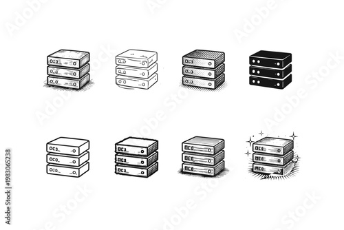 Collection of diverse server rack units and data storage devices in various artistic styles