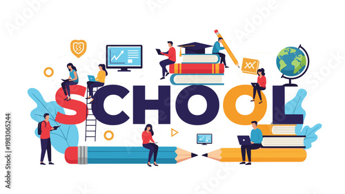 Word school spelled in large colorful letters surrounded by students using laptops and books with educational icons like a globe and graduation cap.