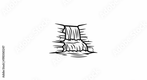 Stylized black and white drawing of a waterfall cascading over rough-hewn rock