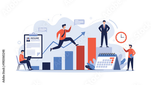 Professional person jumping over rising bar chart columns towards success with a resume clipboard and a team supporting career growth and progress.