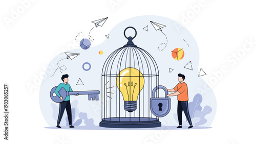Two people working to unlock a giant light bulb trapped inside a metal birdcage with a key and padlock symbolizing creative freedom and new ideas.