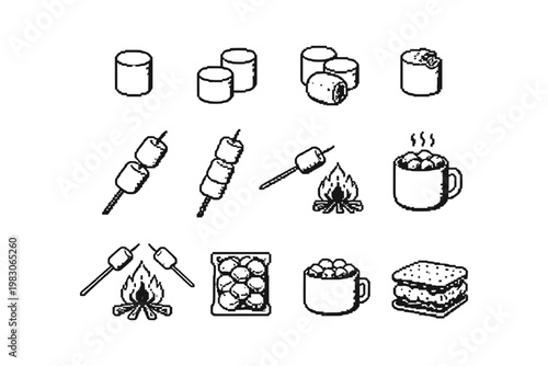 Collection of simple line art icons depicting marshmallows and campfire treats